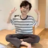 Pijama de Menino 2026 Verão Manga Curta Calça Longa Algodão Puro Novo Estilo Alunos do Ensino Fundamental Meninos Desenho Animado Gola Redonda Conjunto de Roupas para Casa