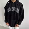 Moletom com capuz estampado de letras, peso pesado, minimalista, para mulheres, corte solto, esconde imperfeições do corpo, outono e inverno, estilo americano, moderno, jaqueta versátil