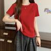 Foto Real de Camiseta de Manga Corta para Mujer Verano 2025 Nuevo Estilo Bordado Único y Chic de Alta Gama Algodón Puro Slim Top