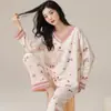 Conjunto de Pijama Feminino 100% Algodão para Primavera e Outono, Manga Longa Calça Longa, Pode Ser Usado Fora de Casa, Estilo Coreano Casual Listrado Conjunto de Roupa de Casa