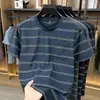 Camiseta Listrada de Manga Curta de Verão para Homens de Meia-Idade, Blusa Casual Masculina Solta com Gola Redonda