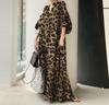 Elegante Leopard Print Stand Collar Puff Sleeve Moda Solta Casual Bohemian Camisa Vestido