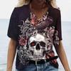 Outlet de Fábrica Camiseta Feminina de Manga Curta com Caveira Camisa Casual, Camiseta Feminina Gola V, Nova Moda