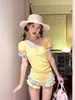 Traje de Banho Peça Única Estilo Vestido Menina Energética Dopamina com Mangas Bufantes Fofas e Design Emagrecedor para Fontes Termais e Praia