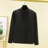 Camisa Base Feminina de Lã Dupla Face com Gola Semi-alta para Outono e Inverno Top de Lã Espesso Escovado Interior Cor Sólida Manga Longa
