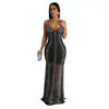 C6841 Moda Europea y Americana Transfronteriza Aliexpress Amazon Vestido Largo de Malla Color Sólido con Tira de Pedrería para Mujer