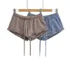 2605-3 Shorts Largos Xadrez de Verão 2026 para Mulheres, Hot Girl, Cintura Elástica, Shorts com Babado e Laço
