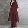 Traje deportivo casual de algodón y lino de talla grande, holgado, de manga corta, cintura alta, pierna ancha, color liso, para primavera y otoño