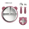 Prato Infantil de Silicone Dividido Urso Aço Inoxidável 304 Removível com Ventosa Talheres de Bebê Conjunto de Silicone