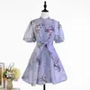 Vestido Azul Floral de Cuello Alto Marca Z Tk Exclusivo con Lentejuelas Lazo Grande Vestido para la Hora del Té