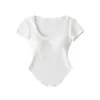 Camiseta de Verão Estilo Desejo Puro com Cintura Marcada e Decote em U para Mulheres, Barra Curva, Modelagem Justa, Manga Curta, Camiseta Base Curta