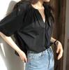 Camisa Tencel Blanca Cuello V Manga Burbuja para Mujer Verano Verano Delgada Manga Corta Diseño Nicho Top