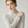 Camada base de malha lisa, com gola semi-alta e acabamento em renda para mulheres, novo suéter slim fit outono/inverno, top de lã Andy