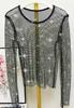 Camisa de Verano Diamante Cuello Redondo Manga Larga Malla Camiseta Sílaba Eléctrica Ropa Camisa Brillante Camiseta Transparente Versátil