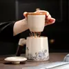 Taza de oficina con esmalte craquelado de horno Ru, con mango de madera, diseño antiquemaduras, con tapa, separación de té y agua, adecuada para la oficina, el hogar y uso personal