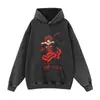 Moletom com estampa de anime, estilo retrô americano, acabamento lavado e desgastado, preto, corte solto, oversized, moletom casual estilo anime