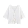 Ins transfronterizo europeo y americano 2026 nueva moda elegante para mujer al por mayor cárdigan de punto con cuello en V manga media ganchillo calado top camisa