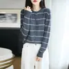 Cardigã de tricô listrado fino estilo coreano para mulheres, blusa de tricô fina de manga longa com gola redonda para primavera e outono, suéter básico afina a silhueta, tricô fino