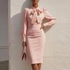 Exportación Transfronteriza Otoño 2025 Nuevo Moda Europea y Americana Elegante Vestido de Manga Larga con Lazo en la Cintura de Color Puro