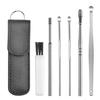 Set de 6 piezas de cuchara para limpiar oídos de cuero, portátil, de acero inoxidable, herramienta espiral para limpiar oídos con llavero