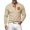 Camisa Henley de pana tejida transfronteriza para hombre 2026, tres botones, media tapeta, bloques de color, bolsillo de parche, manga larga