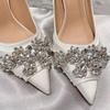 Outono 2026 Novo Estilo Boca Rasa Salto Agulha High-End Strass Cetim Prata Branco Sapatos de Casamento Franceses Scarpins para Noiva
