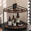 Prateleira Dupla de Madeira Maciça Retrô com Estrutura de Ferro Forjado Cor de Noz para Mesa de Escritório em Casa Prateleira Triangular Multifuncional