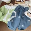 Outfits de Moda Otoño 2024 para Bebés Niñas Bordado de Lazo Jeans de Pierna Recta Pantalones de Pierna Ancha para Niños Elegantes