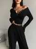 Calça de Outono e Inverno Europeia e Americana Transfronteiriça Curta Slim Sexy Decote V Manga Longa Perna Larga Bolso com Aba Terno Casual Tendência Feminino