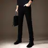 Jeans skinny masculino de marca francesa de luxo, cor preta pura, forrado com fleece, corte slim fit, elástico e espessado, calça casual, novo modelo de inverno