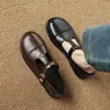 Sapatos femininos de couro macio francês, sola macia, bico redondo, pequenos sapatos de couro, primavera 2025, sapatos em T com Mary Jane, sapatilhas estilo feijão, tamanhos grandes