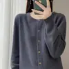 Cardigan de malha novo estilo de primavera 100% lã, gola redonda, comprimento curto, modelagem solta, suéter elegante, jaqueta de cor sólida para mulheres
