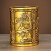 Porta-canetas de latão com ameixa, crisântemo, bambu e orquídea, decoração em relevo, quatro tesouros do escritório, decoração