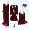 Pijama Sexy de Terciopelo Dorado para Mujer Primavera Otoño e Invierno Camisón con Tirantes y Almohadilla en el Pecho Vestido de Noche Manga Larga Encaje Ropa de Casa Traje de Cuatro Piezas