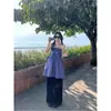Falda de Cuadros Azules de Dos Vías con Diseño Mr [Cuadro Teñido en Hilo Original] para Mujer, Chaleco Elegante sin Tirantes Estilo Francés de Verano