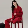 Pijama de Algodão Puro para Casal Outono Cardigã Calça de Manga Longa Roupa de Casa Simples Casual Jovem e Meia-Idade Terno Fino Vermelho