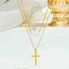 Cadena de Clavícula de Acero de Titanio Europeo y Americano con Colgante de Cruz y Diseño de Perla, Collar Versátil Multicapa de Acero Inoxidable Dorado Simple y Elegante
