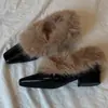 Primer Encuentro Temporada Invierno Más Terciopelo Cálido Tacón Medio Zapatos Pequeños de Cuero para Mujer Punta Cuadrada Tacón Grueso Zapatos de Una Pieza Slip-On Zapatos Peludos
