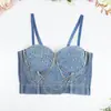 Bustier corsé estilo europeo y americano con varillas de pez, cadena de pedrería y copa incorporada, adecuado para actuaciones de hip-hop y rock, se usa sobre tirantes de mezclilla