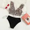 2026 Nuevo Bikini de Playa con Volantes Estampado de Leopardo Europeo y Americano para Mujer Amazon Bikini de Dos Piezas Triángulo de Cintura Alta