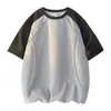 Camiseta Redonda Color Block Estilo Americano Cool Streetwear para Homens, Verão Alta Qualidade Solta Casual Respirável Versátil Manga Curta