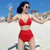 Nuevo Traje de Baño para Mujer, Estilo Japonés y Coreano, Sexy Espalda Descubierta, Cintura Alta, Oculta Abdomen, Adelgazante, Push-Up para Bustos Pequeños y Grandes, Dos Piezas, Bikini de Color Sólido