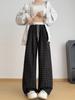 Pantalones de Pierna Ancha Relajados Adelgazantes de Cintura Alta a Cuadros Blancos Vintage para Mujer, Primavera y Otoño, Fluidos Versátiles de Pierna Recta Casual de Largo Completo