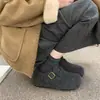 Sapatos Lan Guai com Sola Grossa Estilo Birkenstock para Mulheres, Aumentadores de Altura, Novos Modelos Outono e Inverno, Adequados para Uso Externo, com Forro de Pelúcia, Sapatos de Algodão, Meia-Pantufa Fechada sem Cadarço