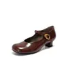 Sapatos Mary Jane de Couro Estilo College Melanoid 2026 Outono Salto Grosso Salto Médio Bico Redondo Couro Genuíno Sapatos de Tira Única para Mulheres