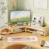 Suporte para Monitor de Computador de Mesa, Rack de Armazenamento de Mesa de Madeira de Camada Dupla, Elevador com Bandeja para Teclado