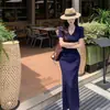 Transfronterizo 2026 Nuevo Estilo Cuello en V Tejido Francés Cuello Polo Manga Corta Bodycon Vestido Largo Retro Ajustado
