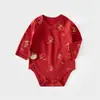 Macacão Vermelho para Bebê Primavera e Outono Macacão Triângulo para Bebê Macacão de Manga Longa 100% Algodão para Recém-Nascido Macacão Sem Costura para Engatinhar