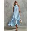 Comércio exterior transfronteiriço europeu e americano vintage elegante casual moda cor sólida gola halter sem mangas babado midi vestido de praia