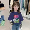 G2533 # Camiseta de Manga Larga para Niña Estilo Nuevo Primavera y Otoño 2025 Top Infantil para Niños Mayores, Falso Dos Piezas Capa Base de Algodón Puro.